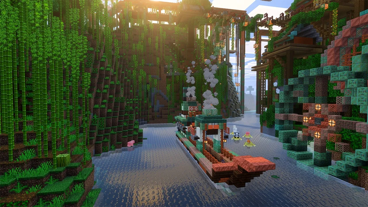 สิ่งปลูกสร้างทองแดงและเรือกลางป่าไผ่ใน Minecraft
