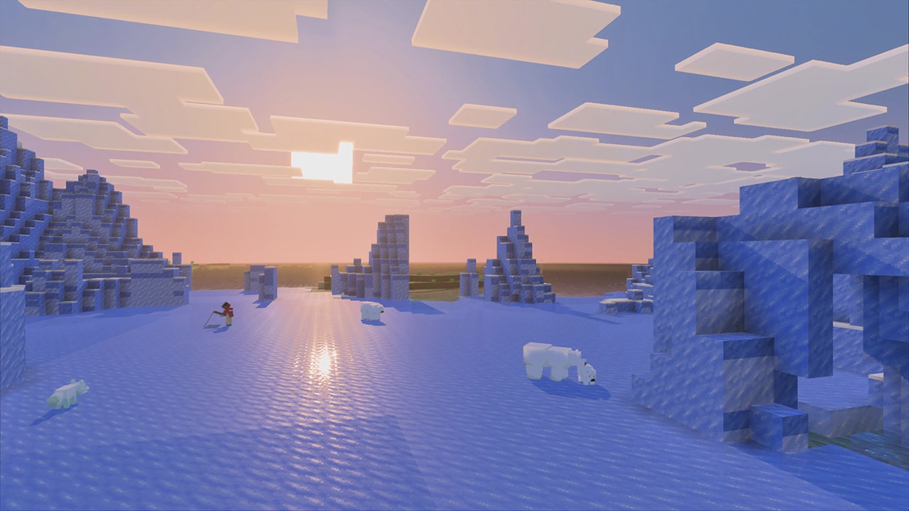 ผู้เล่นและหมีขั้วโลกบนทะเลน้ำแข็งใน Minecraft