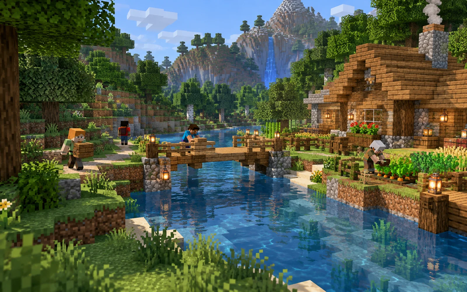 ภาพประกอบเพื่อนสี่คนช่วยกันสร้างบ้าน สะพาน และสวนริมแม่น้ำในโลก Minecraft